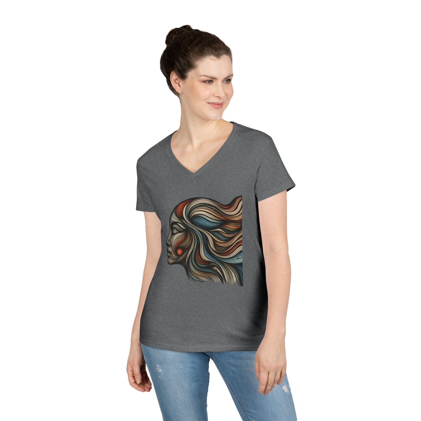 Artistic Ladies' V-Neck T-Shirt - Colorful Abstract Face Design
