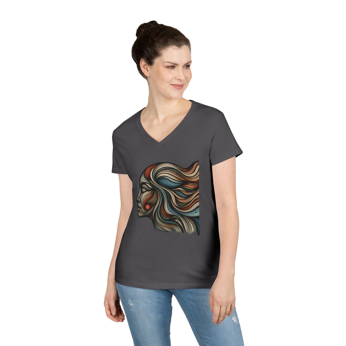 Artistic Ladies' V-Neck T-Shirt - Colorful Abstract Face Design