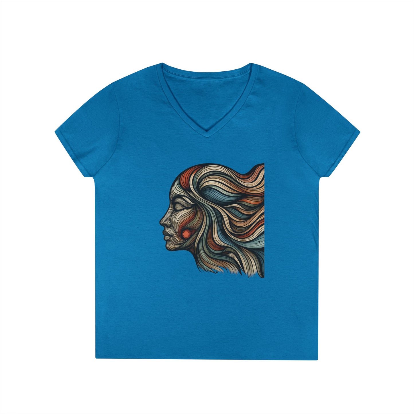 Artistic Ladies' V-Neck T-Shirt - Colorful Abstract Face Design