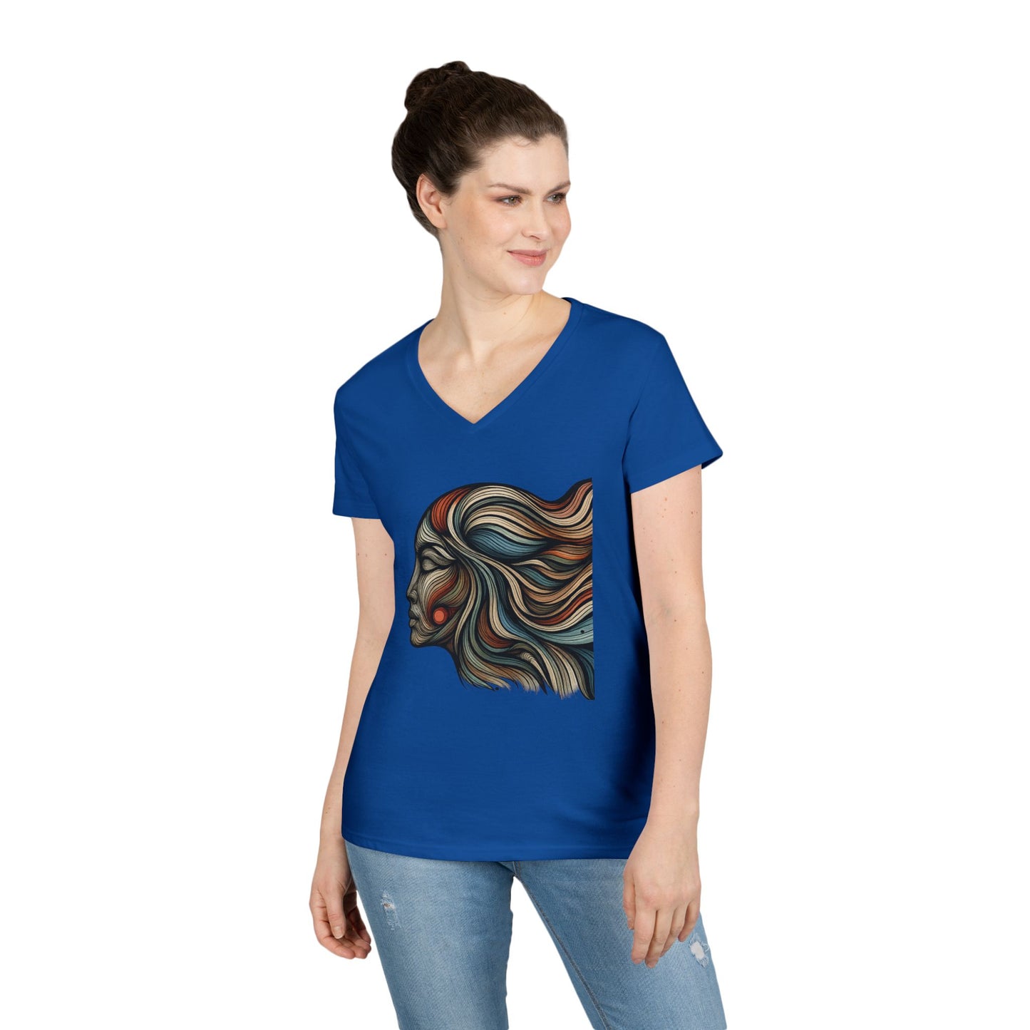 Artistic Ladies' V-Neck T-Shirt - Colorful Abstract Face Design