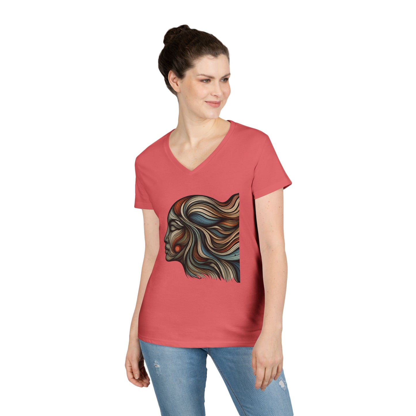 Artistic Ladies' V-Neck T-Shirt - Colorful Abstract Face Design