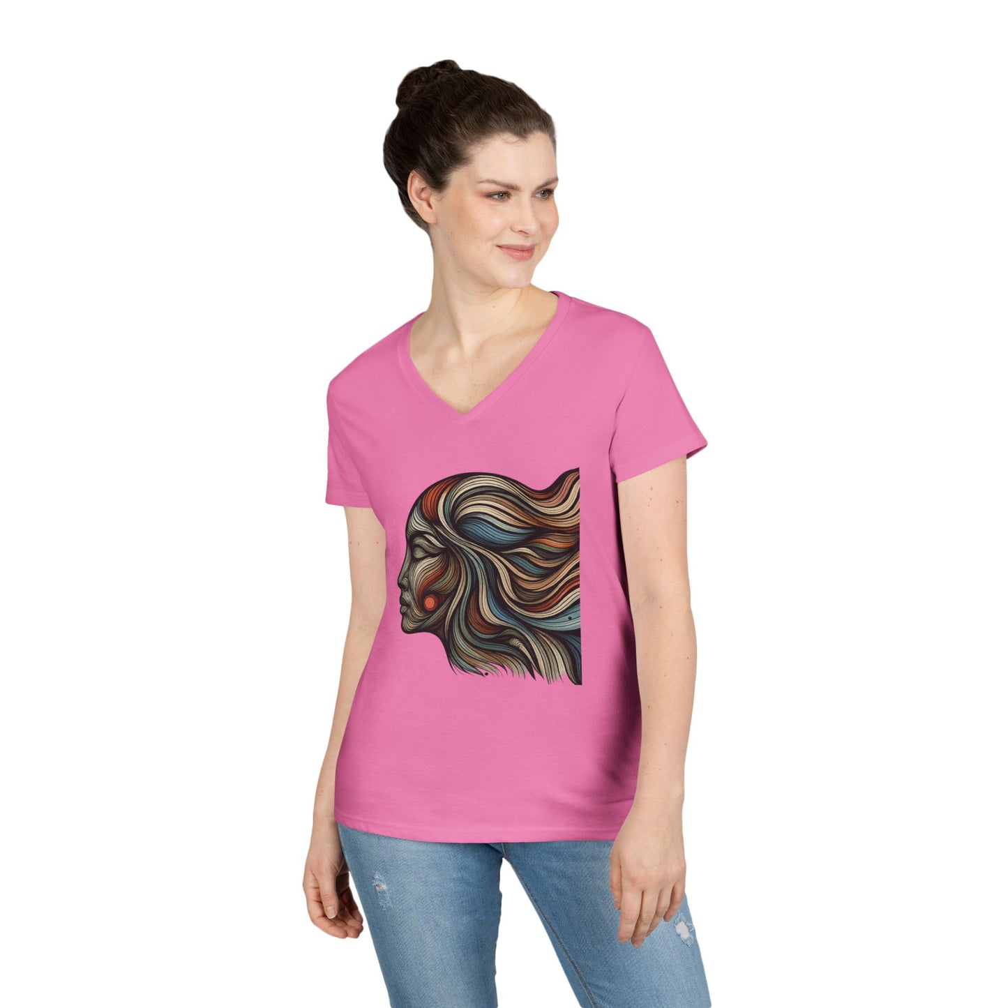 Artistic Ladies' V-Neck T-Shirt - Colorful Abstract Face Design