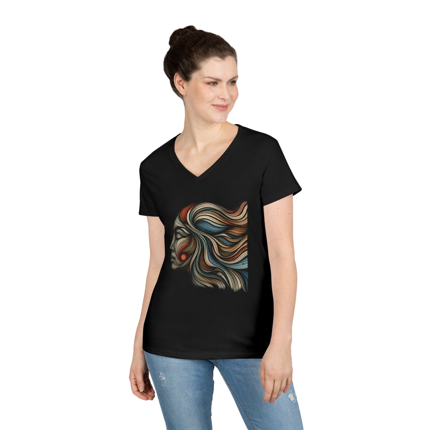 Artistic Ladies' V-Neck T-Shirt - Colorful Abstract Face Design