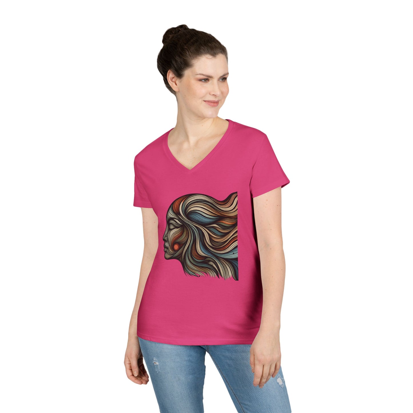 Artistic Ladies' V-Neck T-Shirt - Colorful Abstract Face Design