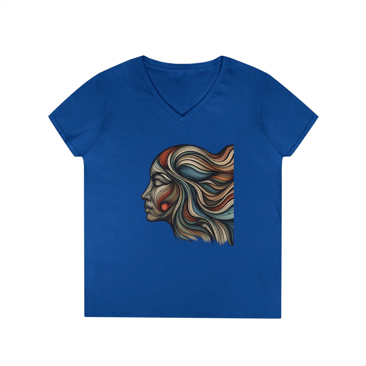 Artistic Ladies' V-Neck T-Shirt - Colorful Abstract Face Design