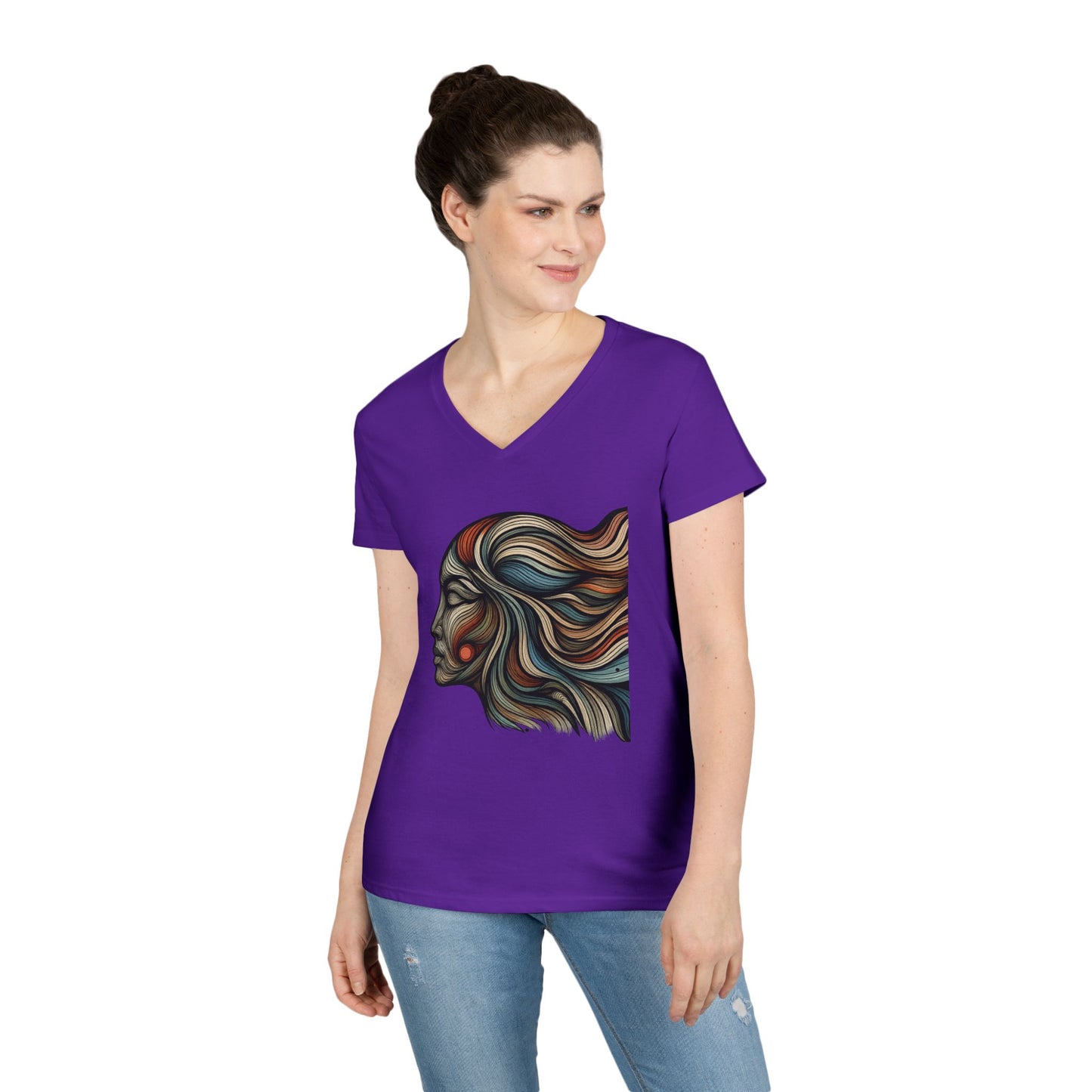 Artistic Ladies' V-Neck T-Shirt - Colorful Abstract Face Design