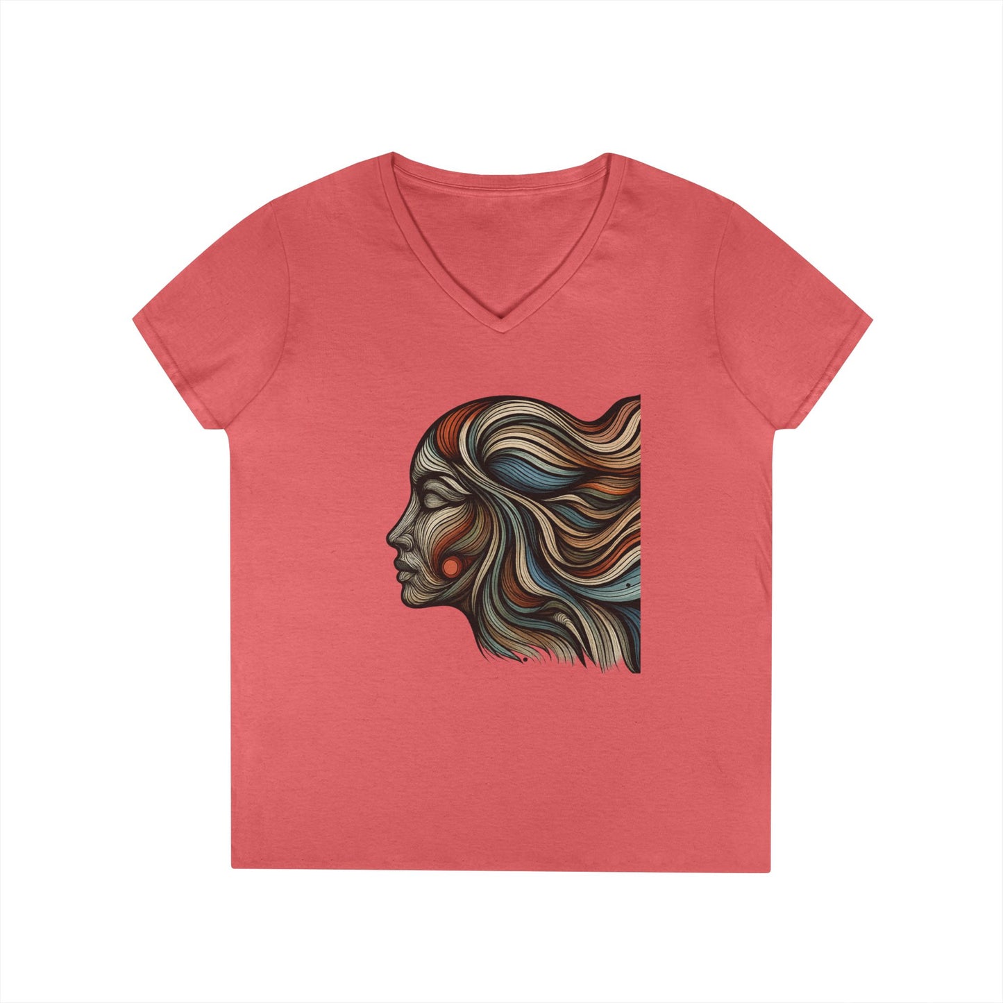 Artistic Ladies' V-Neck T-Shirt - Colorful Abstract Face Design