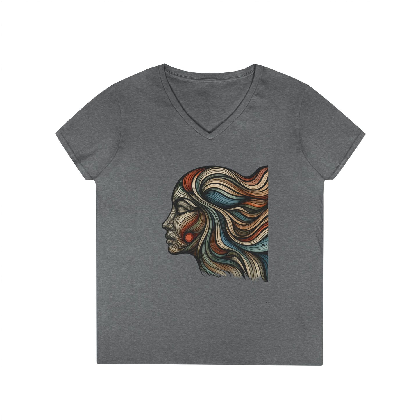 Artistic Ladies' V-Neck T-Shirt - Colorful Abstract Face Design