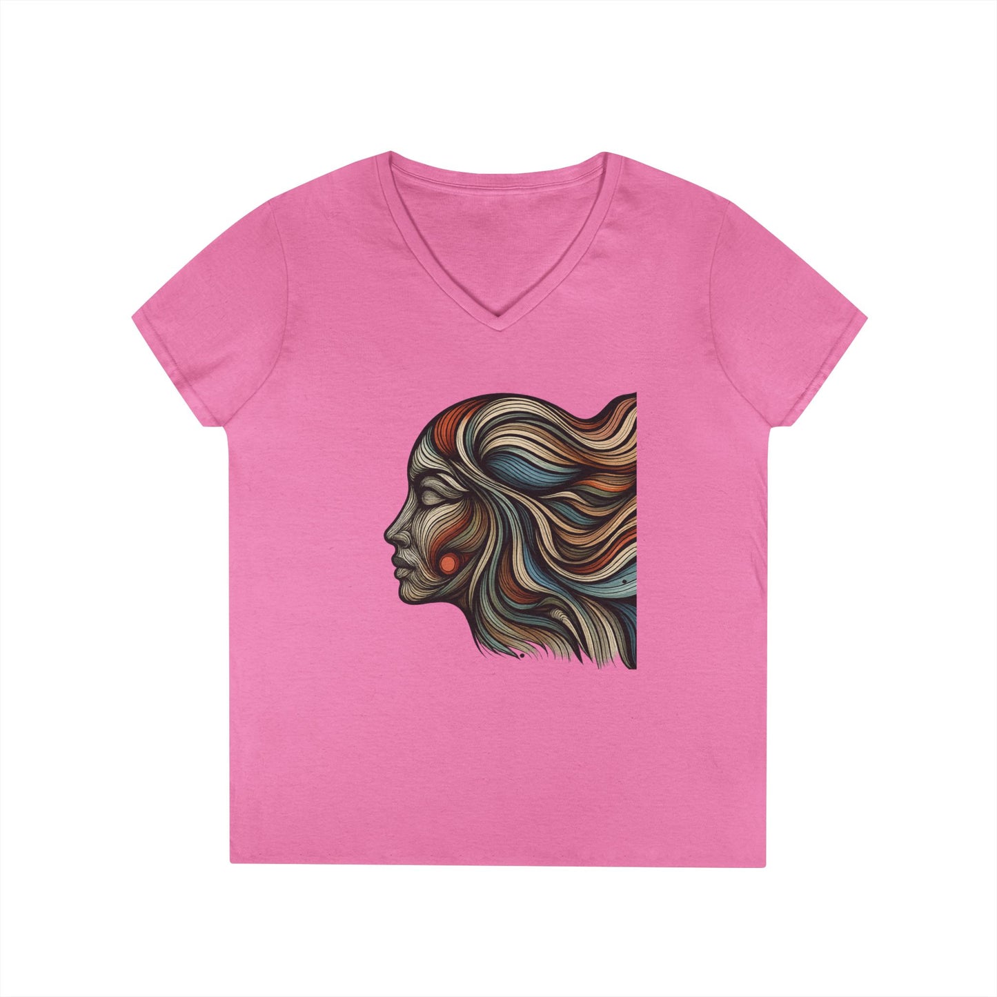 Artistic Ladies' V-Neck T-Shirt - Colorful Abstract Face Design