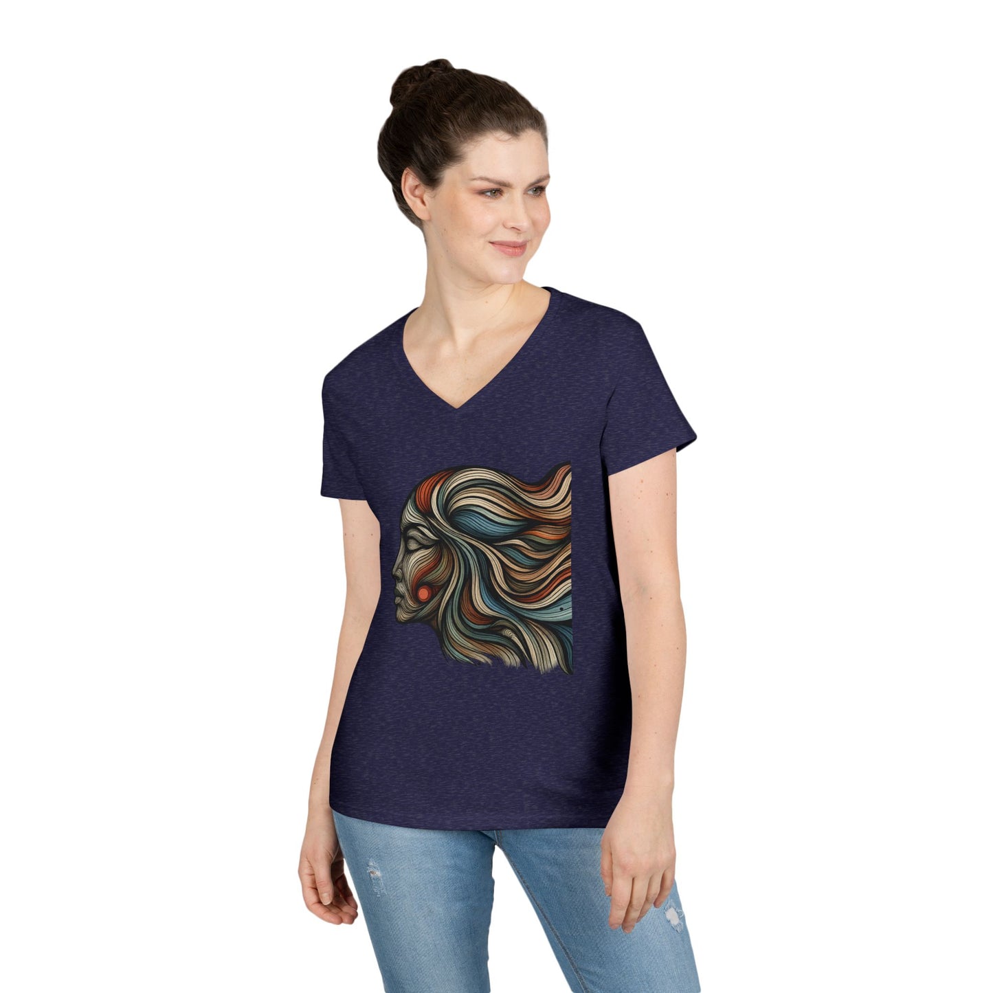 Artistic Ladies' V-Neck T-Shirt - Colorful Abstract Face Design