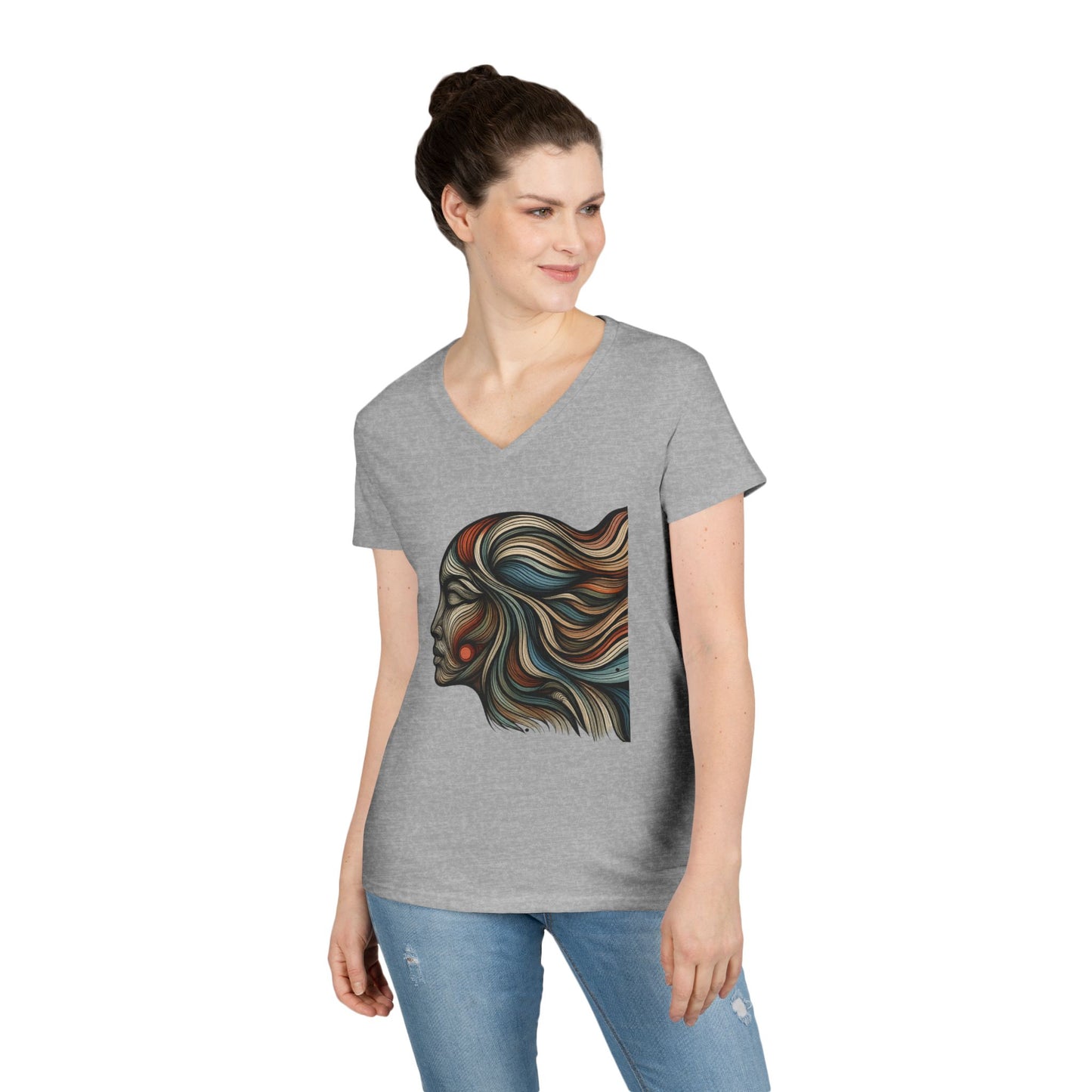 Artistic Ladies' V-Neck T-Shirt - Colorful Abstract Face Design