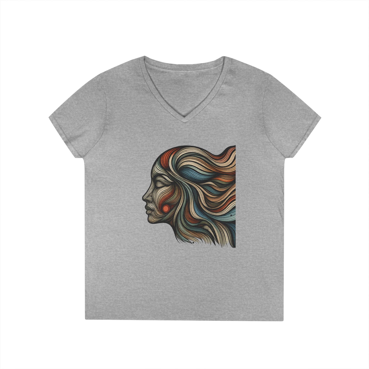 Artistic Ladies' V-Neck T-Shirt - Colorful Abstract Face Design
