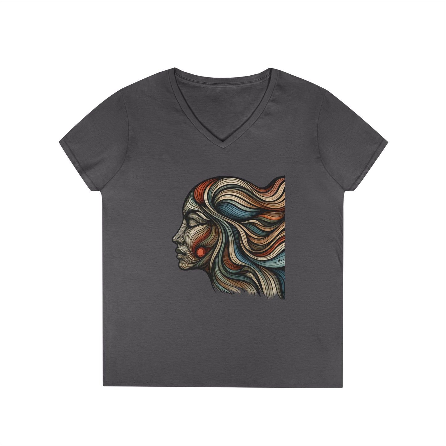 Artistic Ladies' V-Neck T-Shirt - Colorful Abstract Face Design
