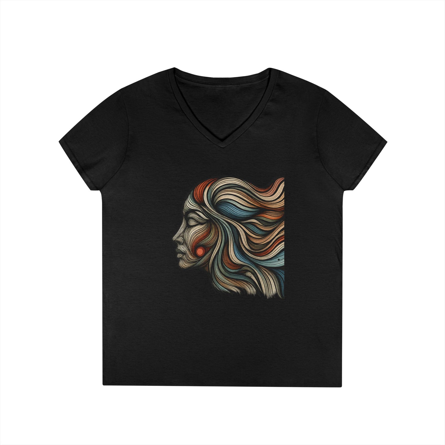 Artistic Ladies' V-Neck T-Shirt - Colorful Abstract Face Design