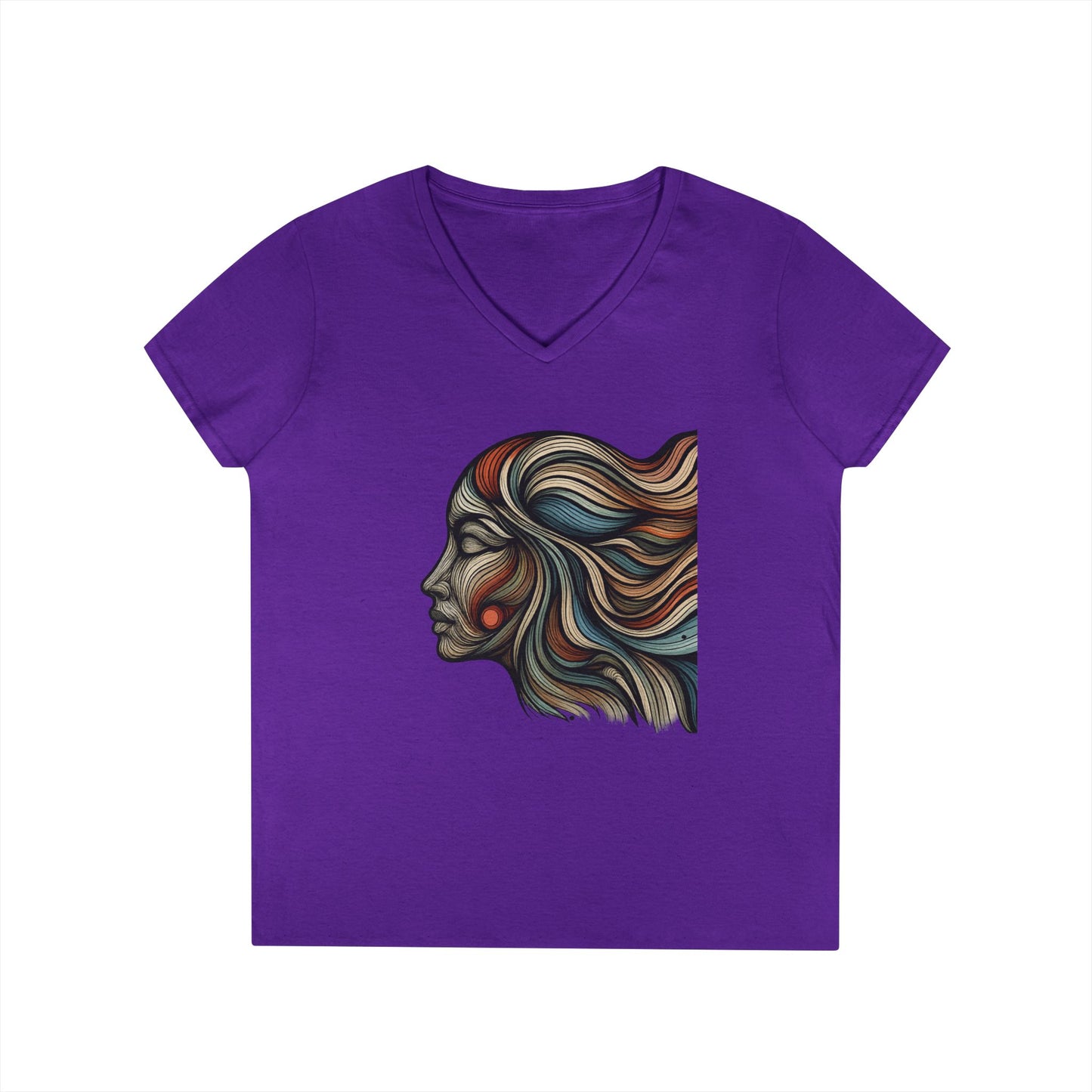 Artistic Ladies' V-Neck T-Shirt - Colorful Abstract Face Design