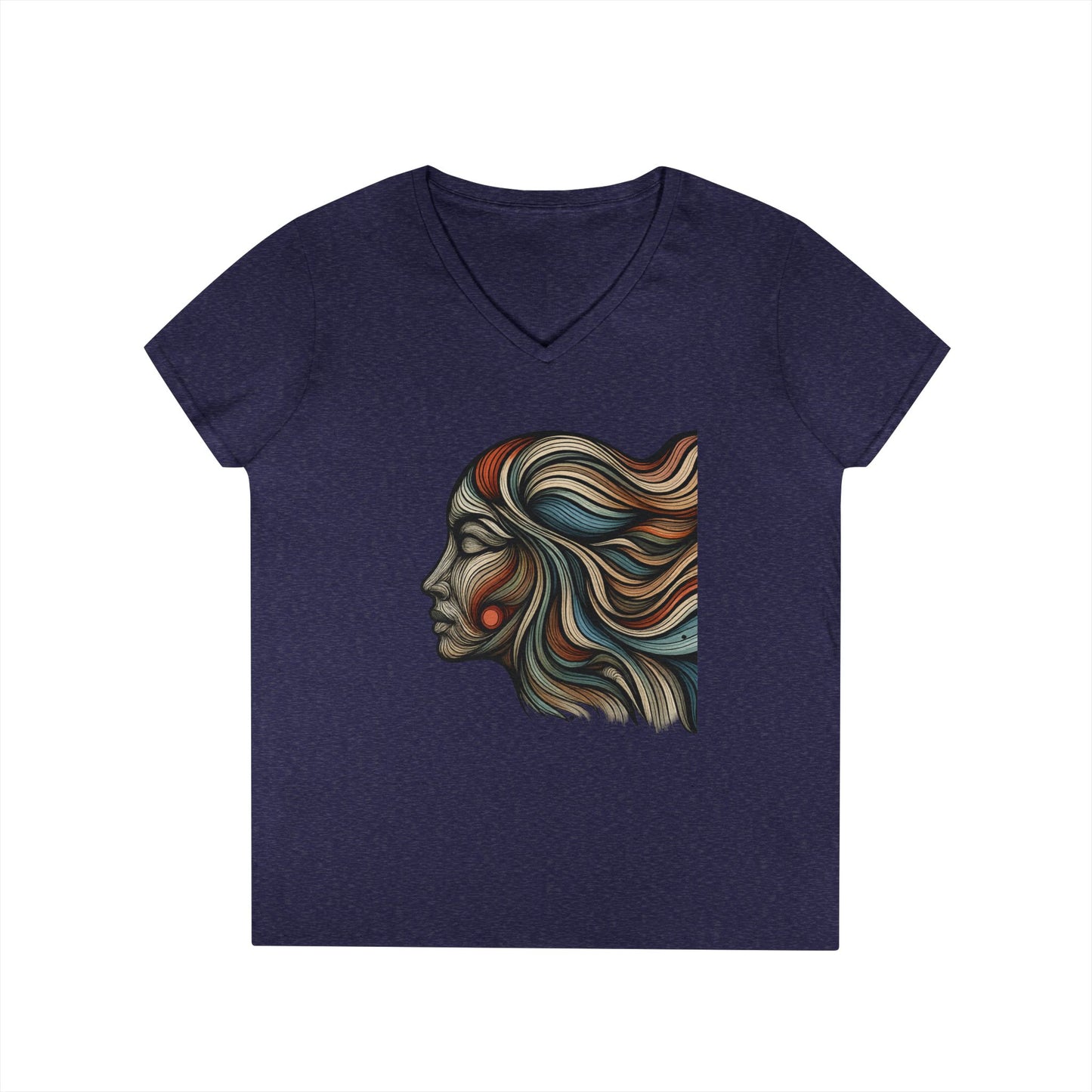 Artistic Ladies' V-Neck T-Shirt - Colorful Abstract Face Design