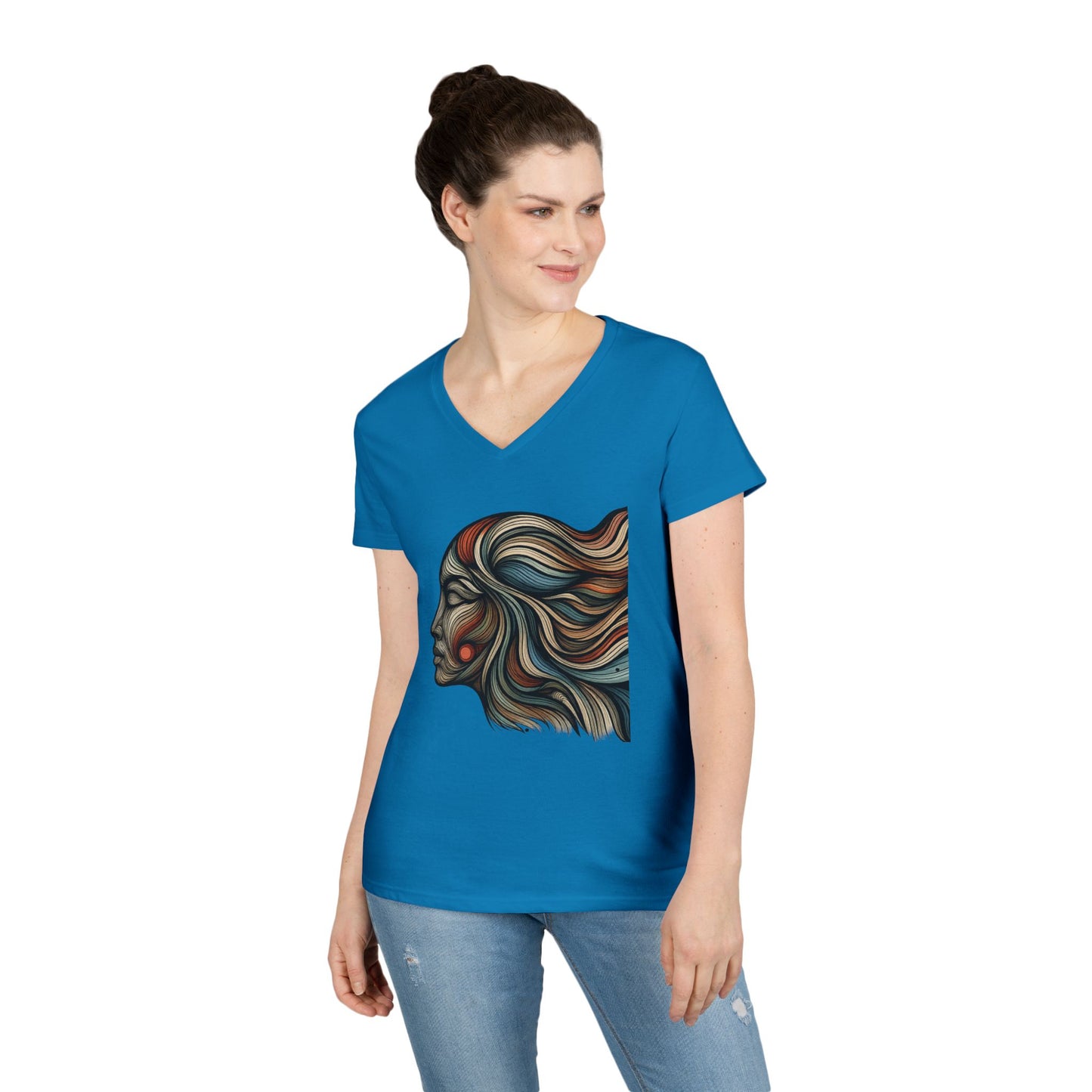 Artistic Ladies' V-Neck T-Shirt - Colorful Abstract Face Design