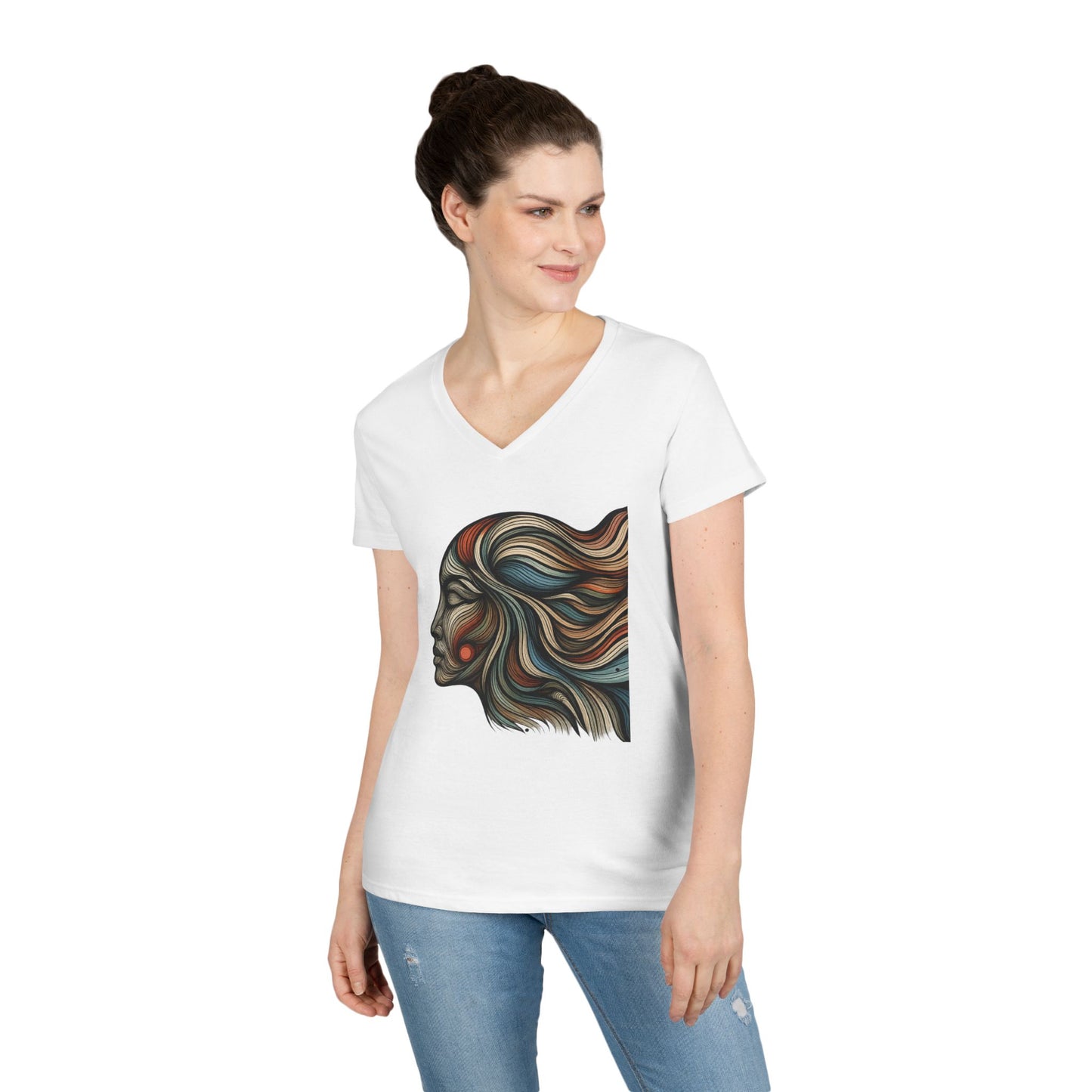 Artistic Ladies' V-Neck T-Shirt - Colorful Abstract Face Design