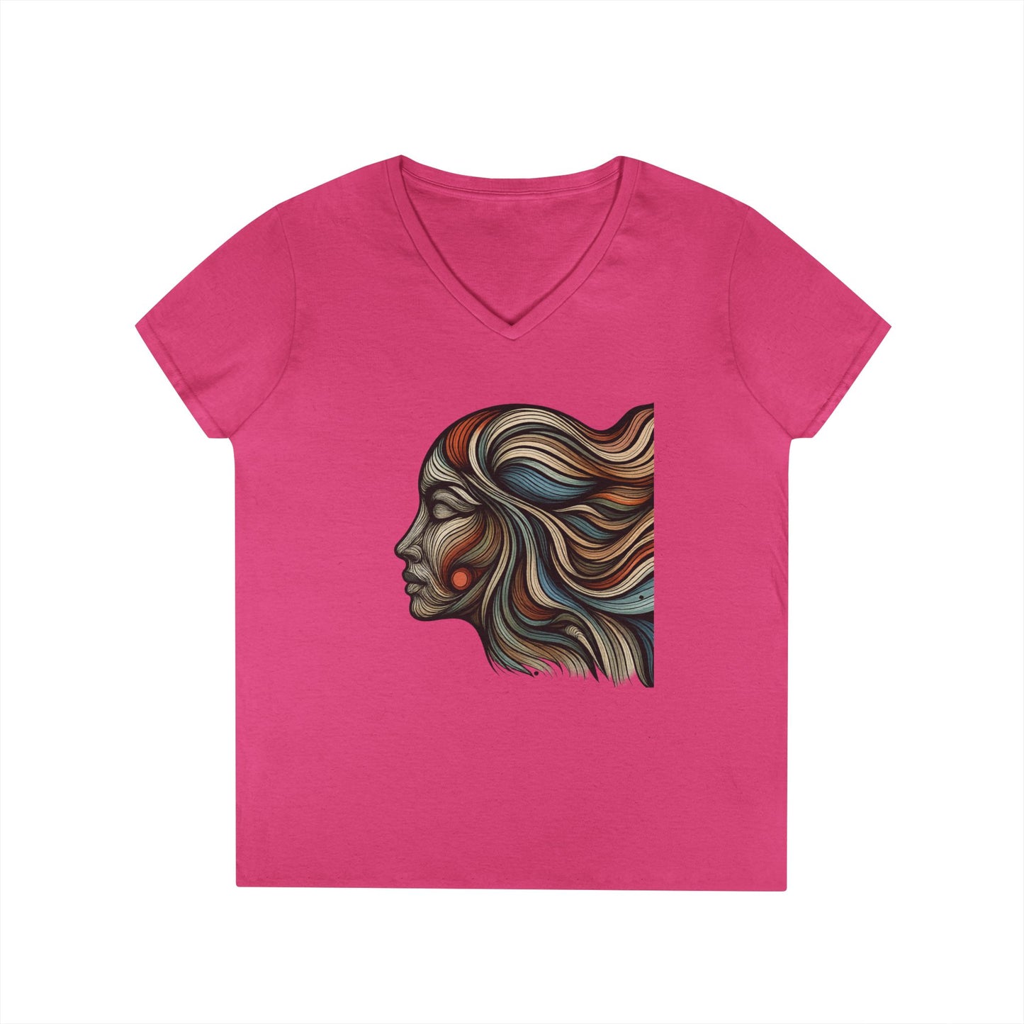Artistic Ladies' V-Neck T-Shirt - Colorful Abstract Face Design