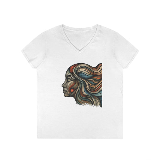 Artistic Ladies' V-Neck T-Shirt - Colorful Abstract Face Design
