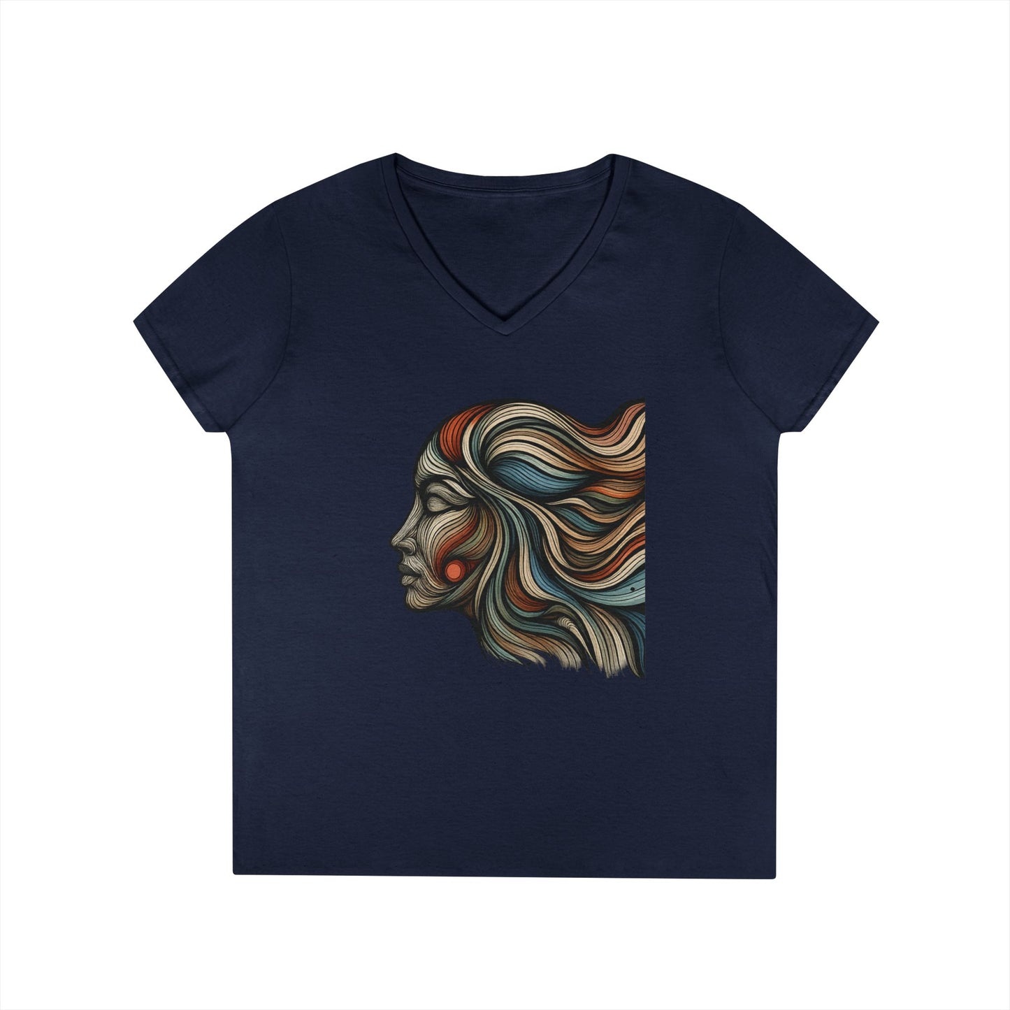Artistic Ladies' V-Neck T-Shirt - Colorful Abstract Face Design